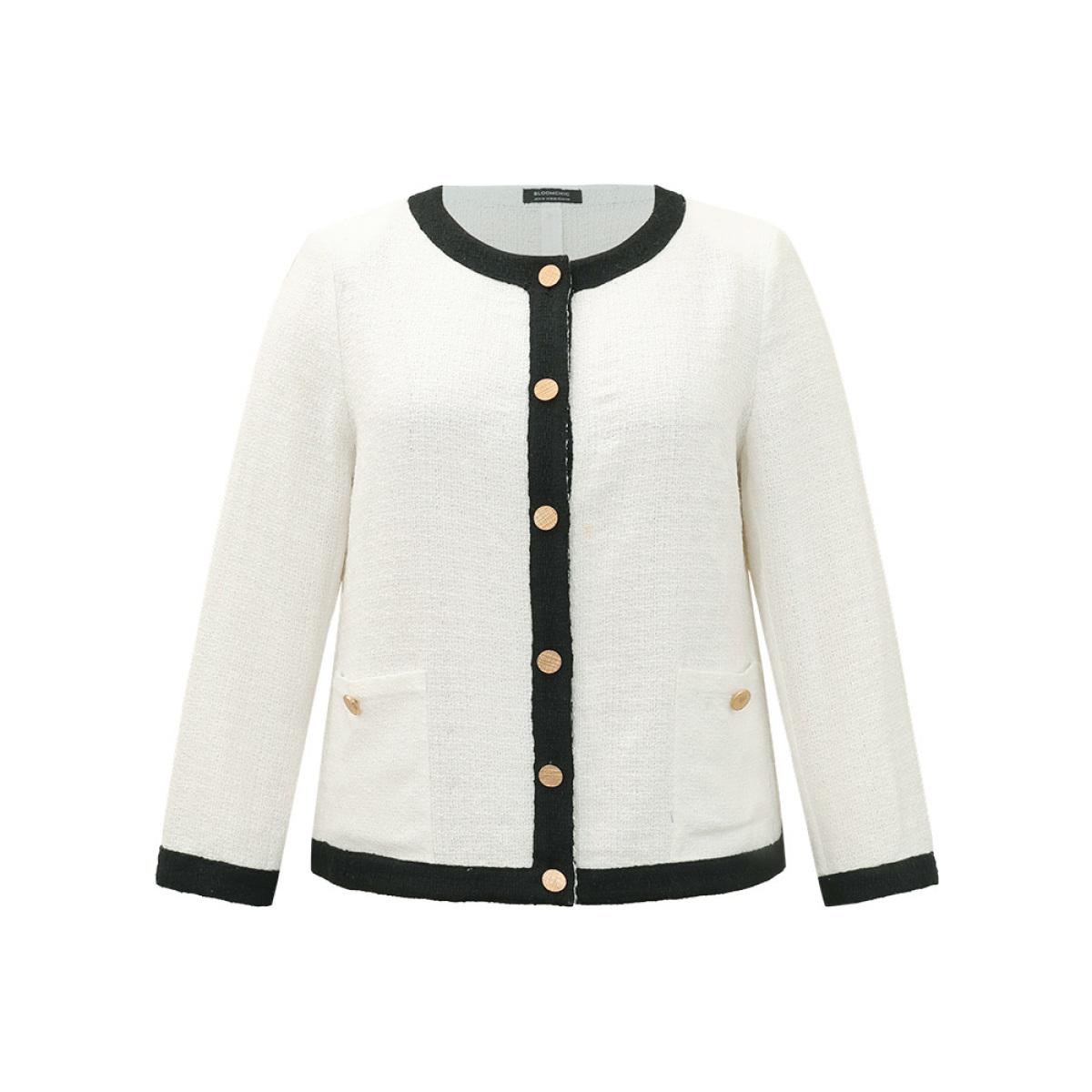 Plus Size Two Tone Tweed Buckle Detail Pocket Blazer White Women Office Plain Texture Sleeve Long Sleeve Round Neck 14-16/1X Pocket Work From Home Blazers BloomChic Product Image