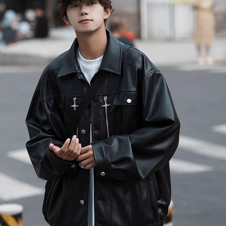 Collared Plain Zipped Button-Up Faux Leather Jacket Product Image