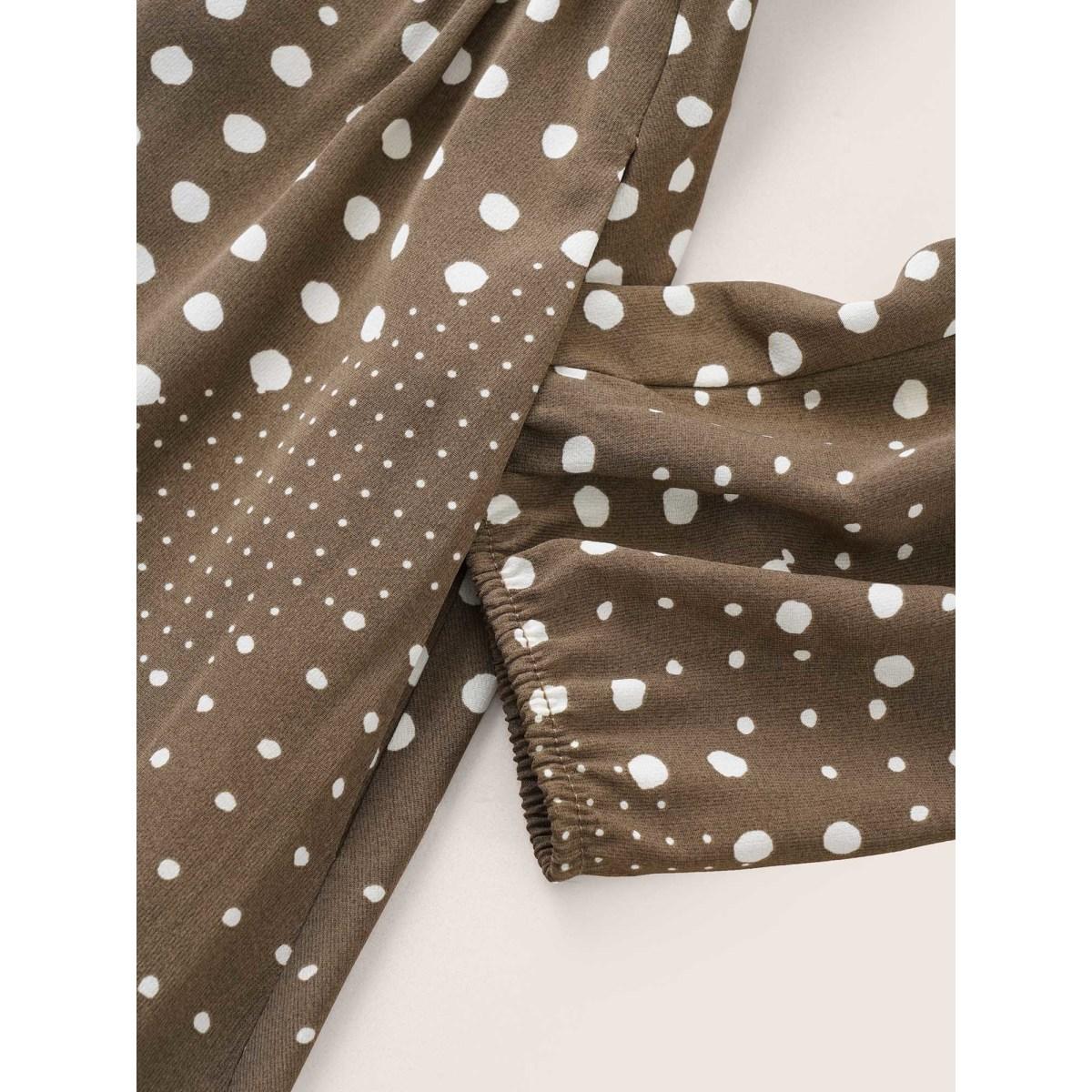 Plus Size Polka Dot Scarf Belted Keyhole Lantern Sleeve Dress DarkBrown Women At the Office Non Round Neck Long Sleeve Curvy Midi Dress BloomChic 28/5X Product Image