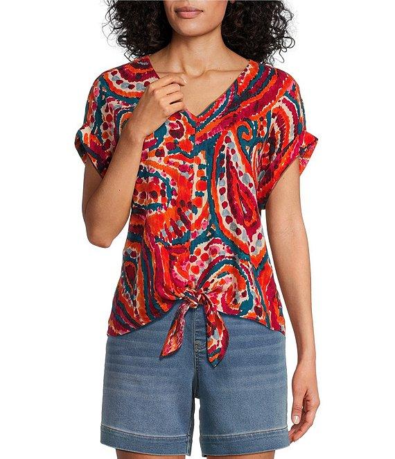 Westbound Paisley Overly Short Sleeve V-Neck Tie Front Top Product Image