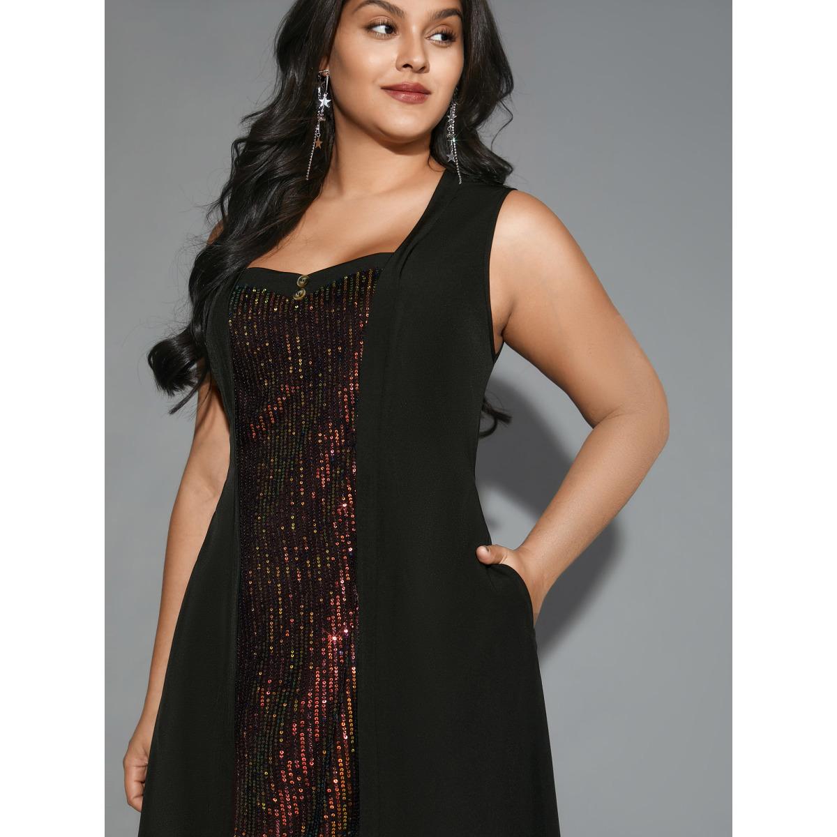 Plus Size Vest-Style Sequin Patchwork Elastic Waist Dress Black Women Cocktail Texture Party Curvy Bloomchic 28/5X Product Image