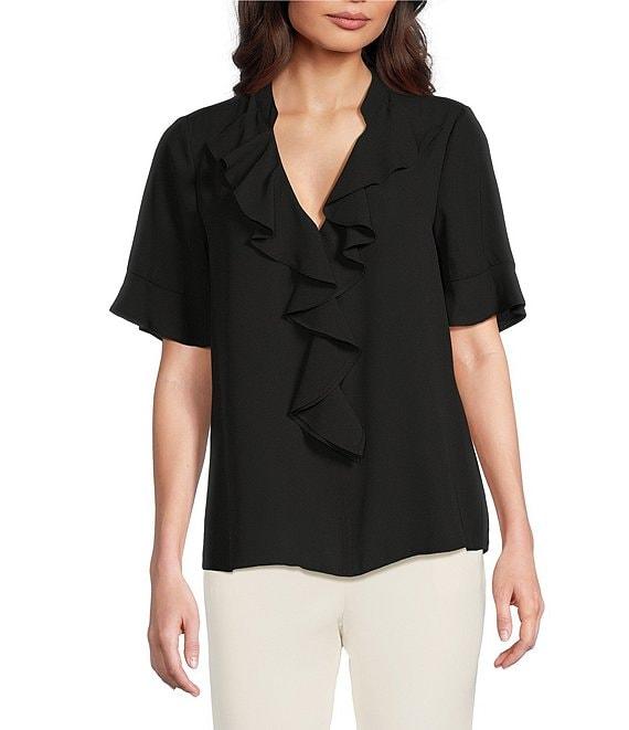 KARL LAGERFELD PARIS Short Sleeve Ruffle Front V-Neck Blouse Product Image