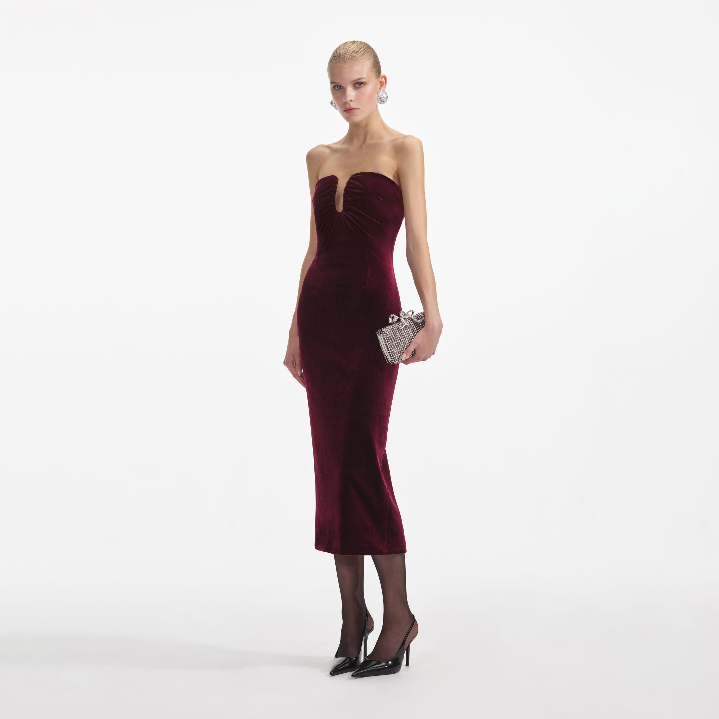 Burgundy Velvet Midi Dress Product Image