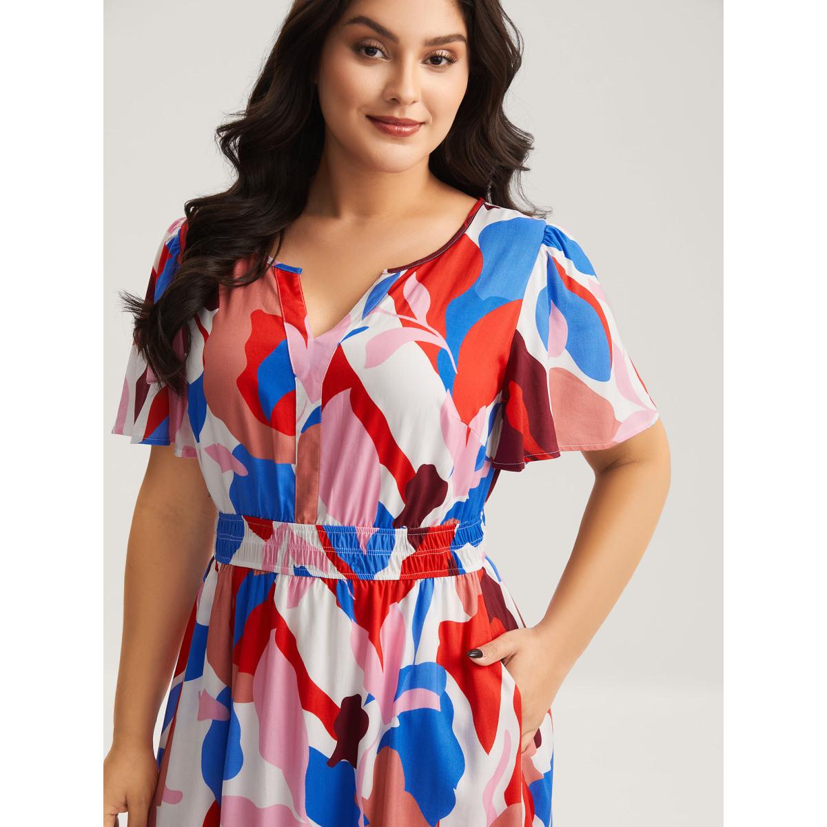 Plus Size Color Block Stretchy Notched Midi Dress Multicolor Women Flat collar with V-notch Cap Sleeve Curvy BloomChic 28/5X Product Image