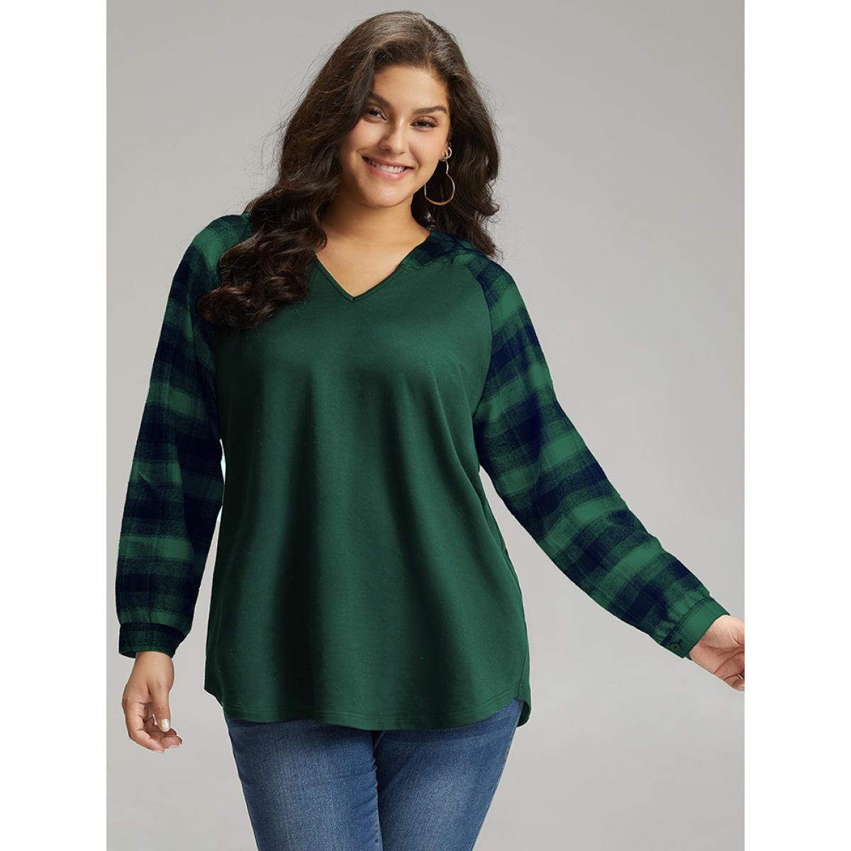 Plus Size Plaid Print Hooded Patchwork Sweatshirt Women DarkGreen Casual Patchwork Hooded Everyday Sweatshirts BloomChic 22-24/3X Product Image