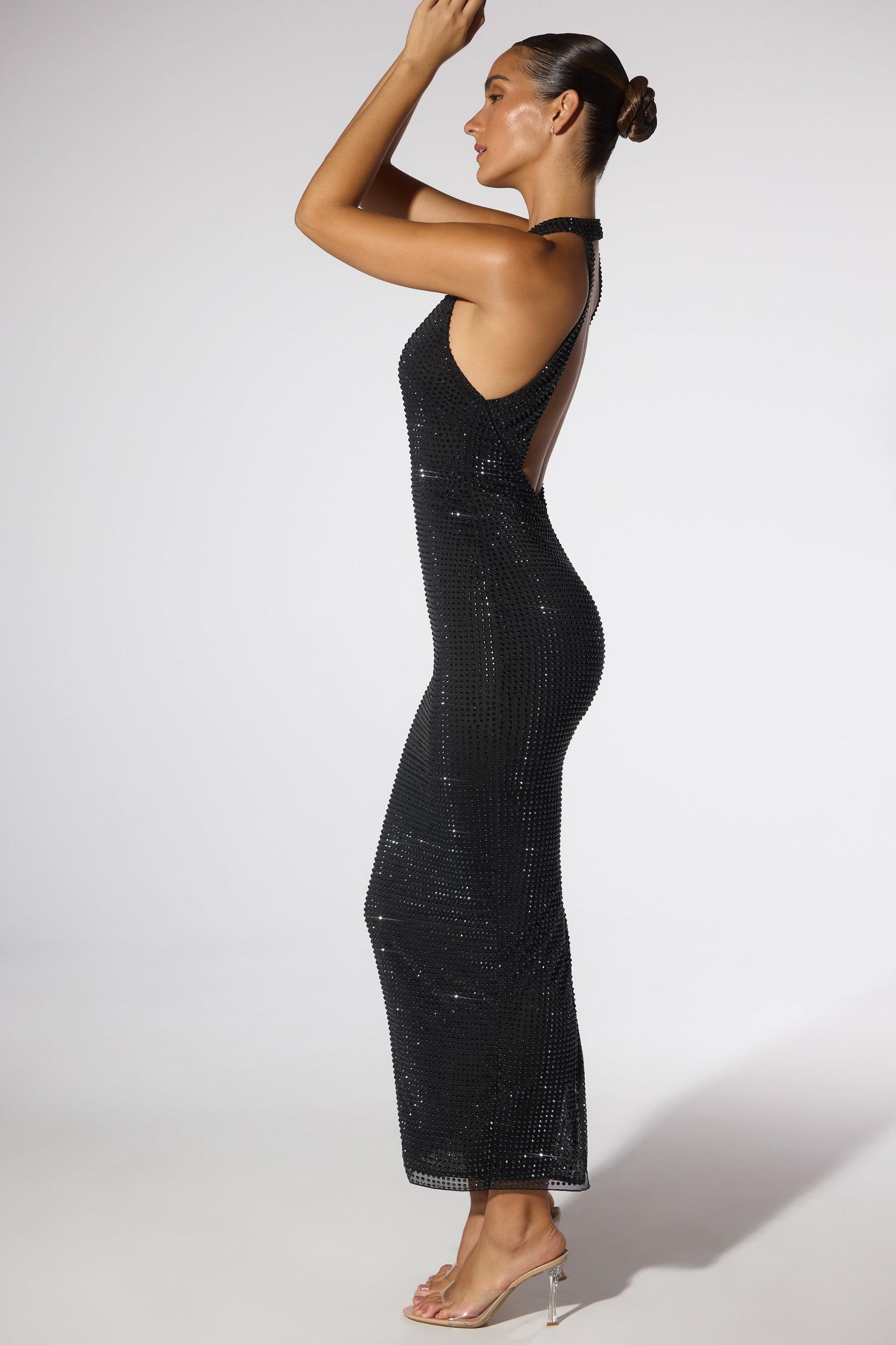 Embellished Halter Neck Low Back Evening Gown in Black Product Image
