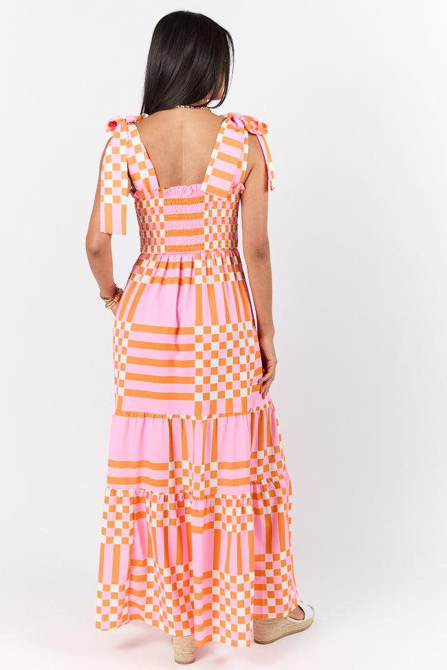 Get The Check Pink and Orange Printed Checkered Maxi Dress Product Image