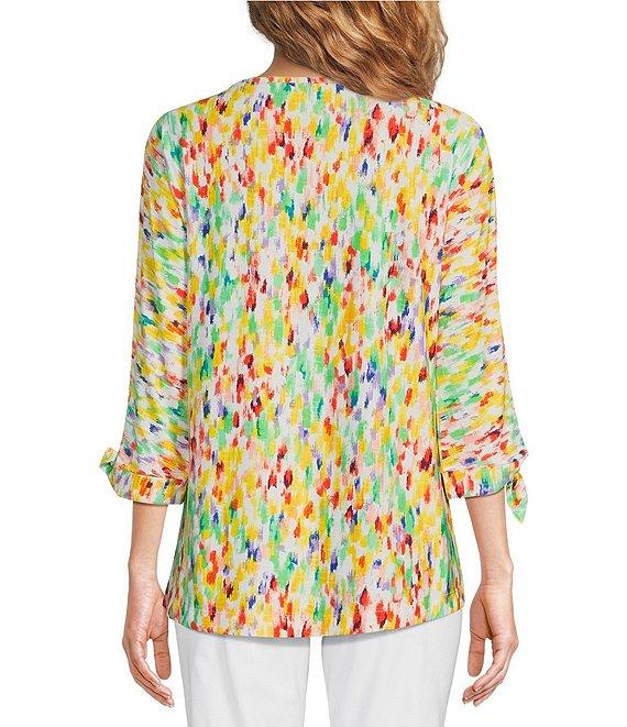 Ali Miles Petite Size Textured Knit Printed Round Neck 3/4 Tie Sleeve Shirttail Hem Tunic Product Image