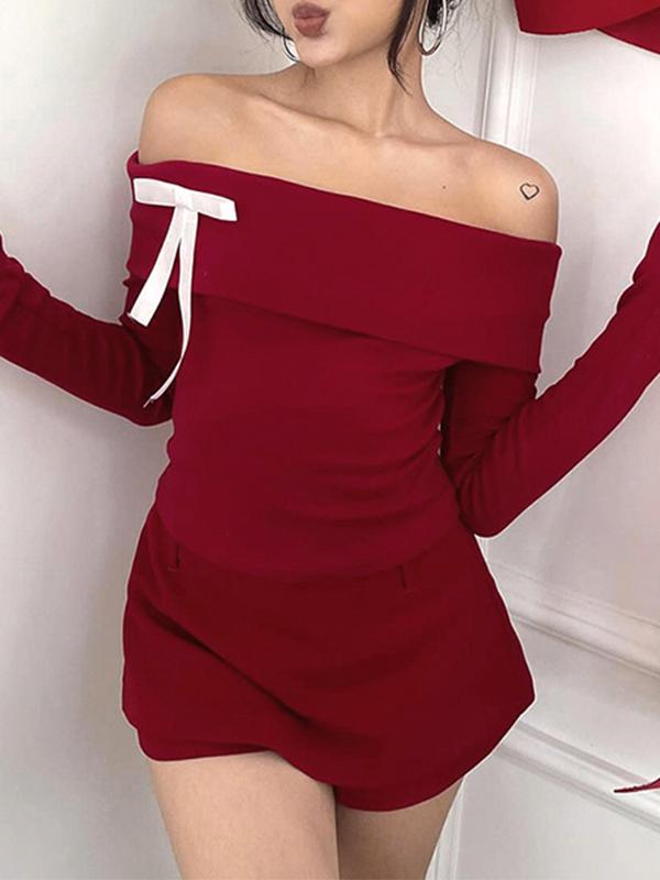 Contrast Bow Decor Off Shoulder Long Sleeve Tee Product Image