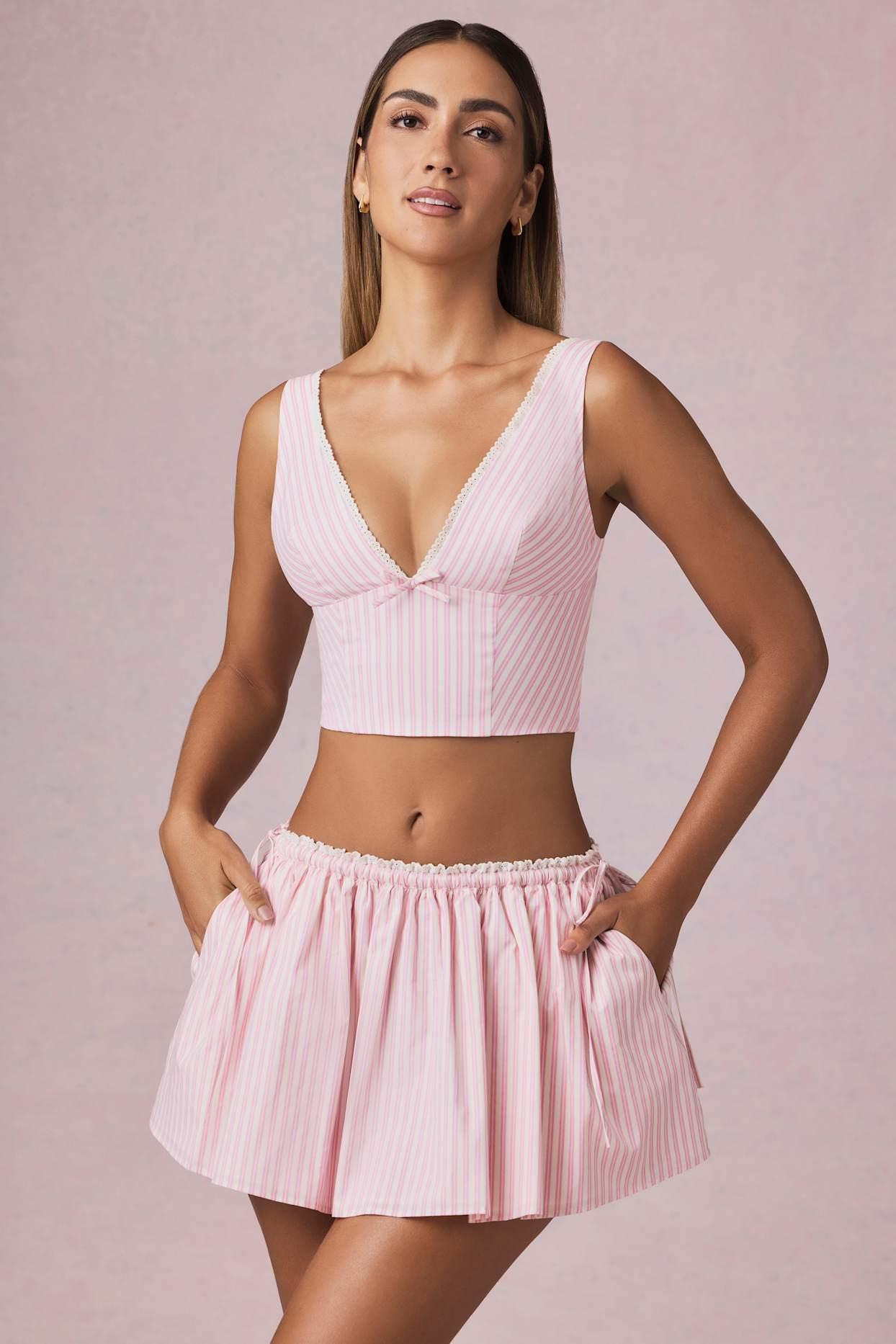 Ruched Drawstring Mini Skirt in Soft Mauve Stripe Product Image