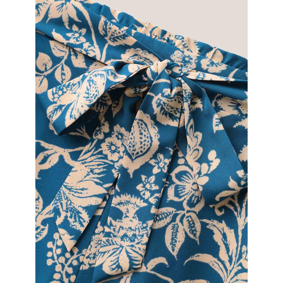 Plus Size Floral Perfection Belted Wide-Leg Pants Women Indigo Elegant Wide Leg Mid Rise Everyday-Elegant Pants BloomChic 26/4X Product Image