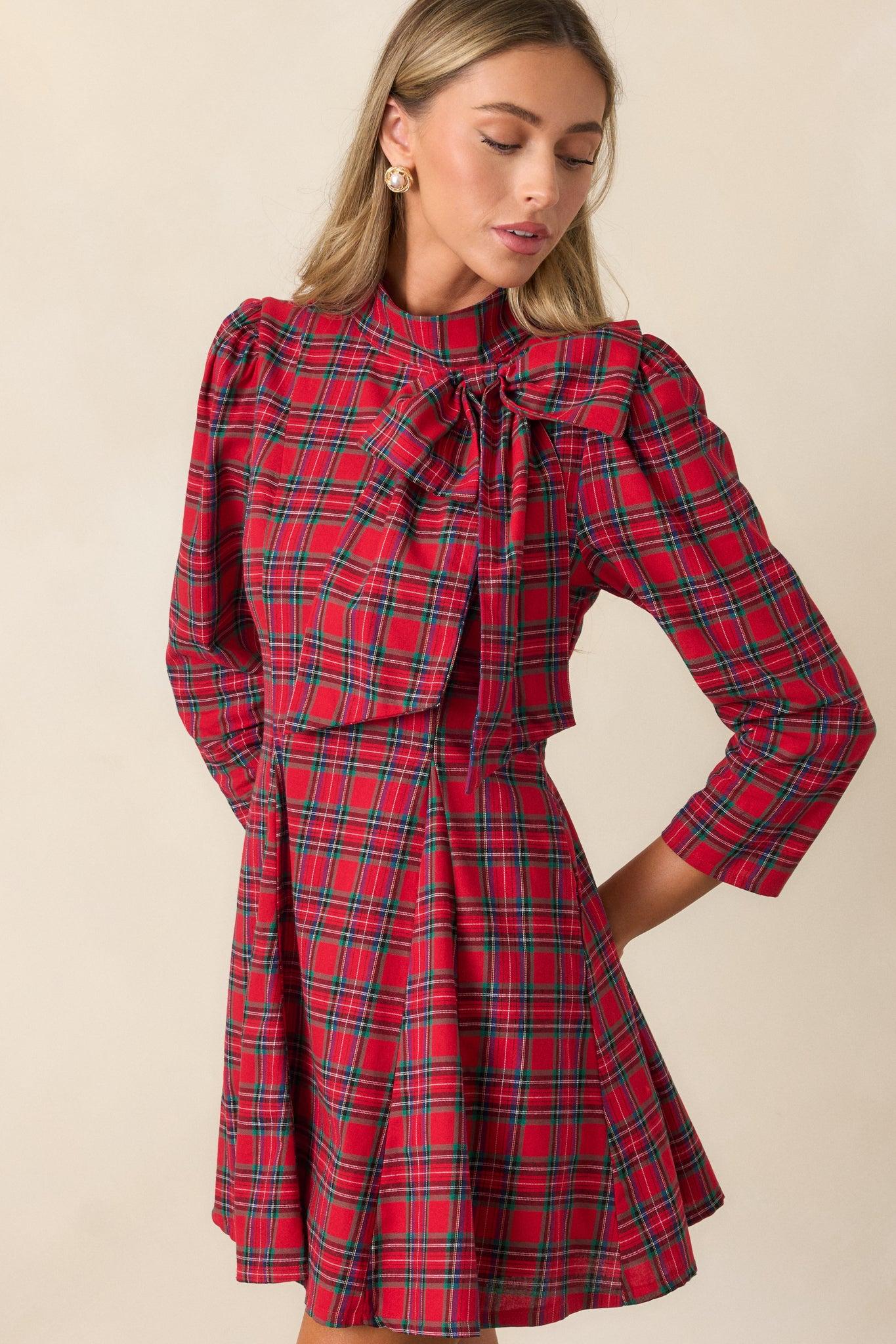 A Perfect Balance Cotton Red Plaid Bow Mini Dress Product Image