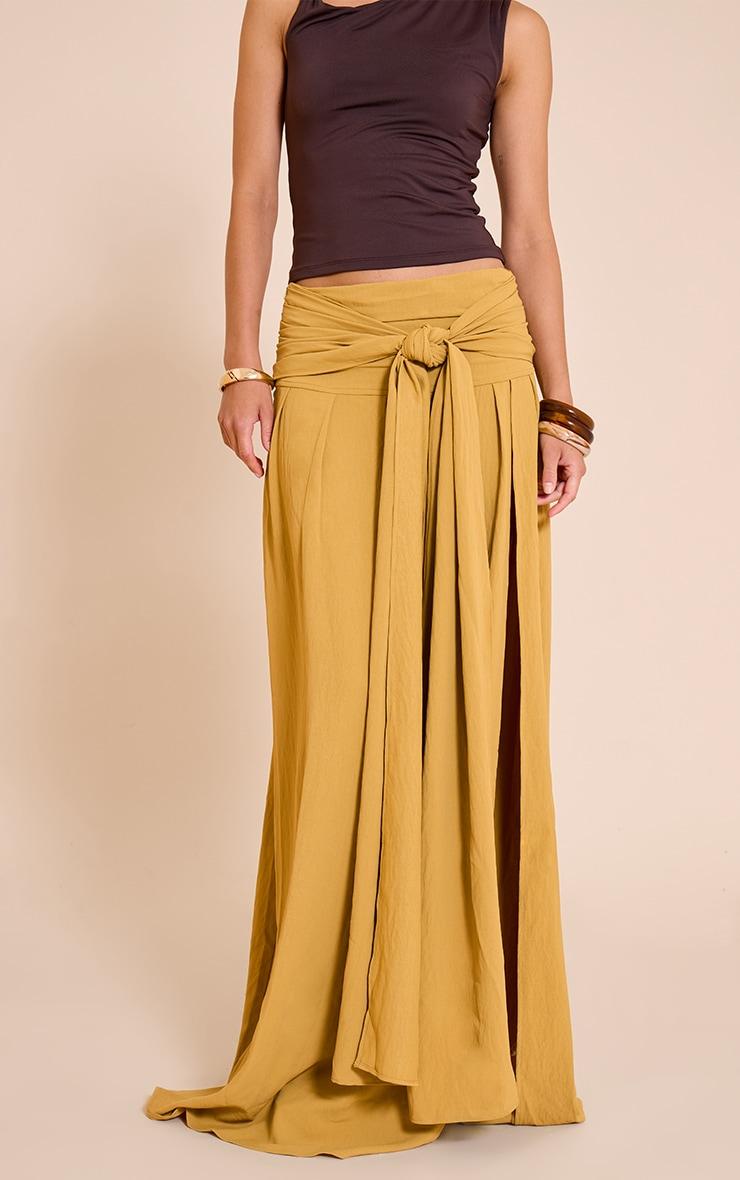 Mustard Floaty Woven Knot Front Maxi Skirt Product Image