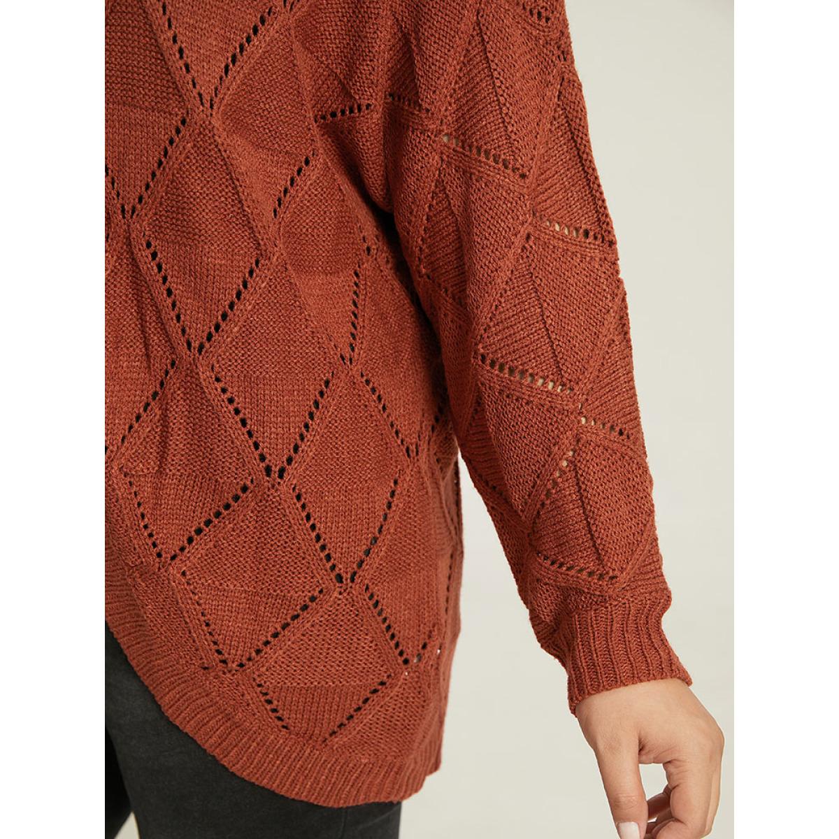 Plus Size Geometric Hollow Out Open Front Cardigan Rust Women Casual Loose Long Sleeve Dailywear Cardigans BloomChic 12/L Product Image