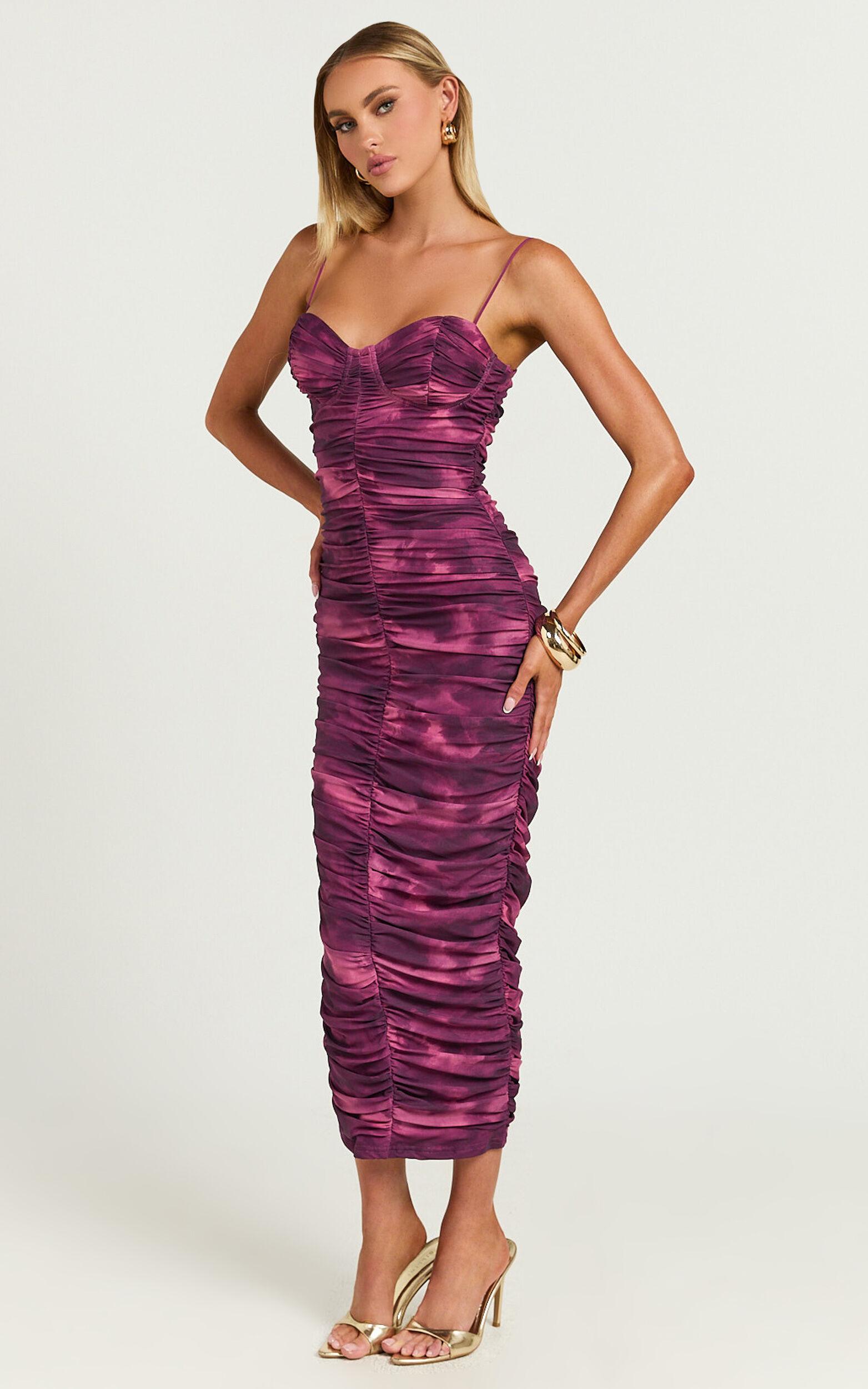 Leanor Midi Dress - Mesh Ruched Bustier Bodycon Dress in Purple Fields Product Image