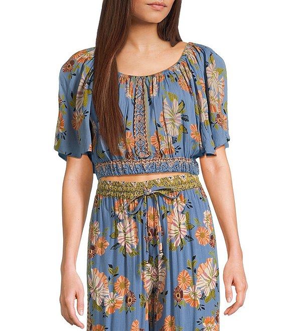 Angie Scoop Floral Print Neck Flutter Sleeve Coordinating Crop Top Product Image
