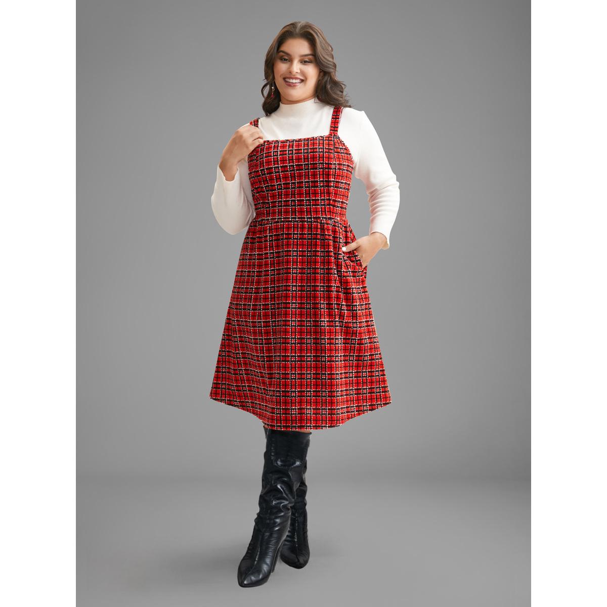 Plus Size Plaid Pinafore Elastic Waist Midi Dress Scarlet Women Elegant Texture Square Neck Sleeveless Curvy BloomChic 26/4X Product Image