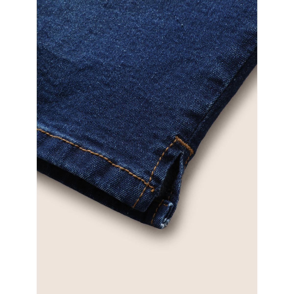 Plus Size Dark Wash Drawstring Slit Hem Denim Shorts Women Indigo Drawstring High stretch Everyday Slanted pocket Casual Denim Shorts BloomChic 12/L Product Image