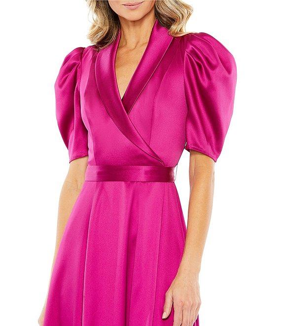 Mac Duggal Satin Surplice V-Neck Short Puffed Sleeve A-Line Midi Dress Product Image