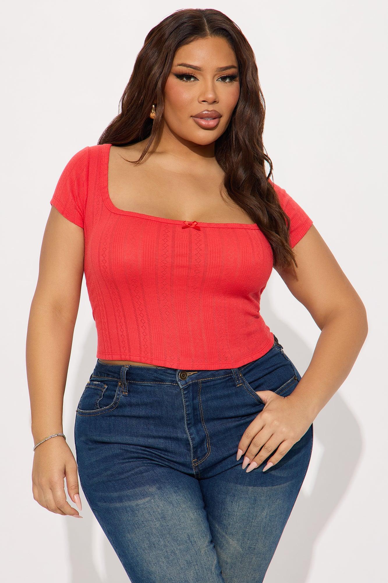 Make Me Blush Lace Trim Top - Red Product Image