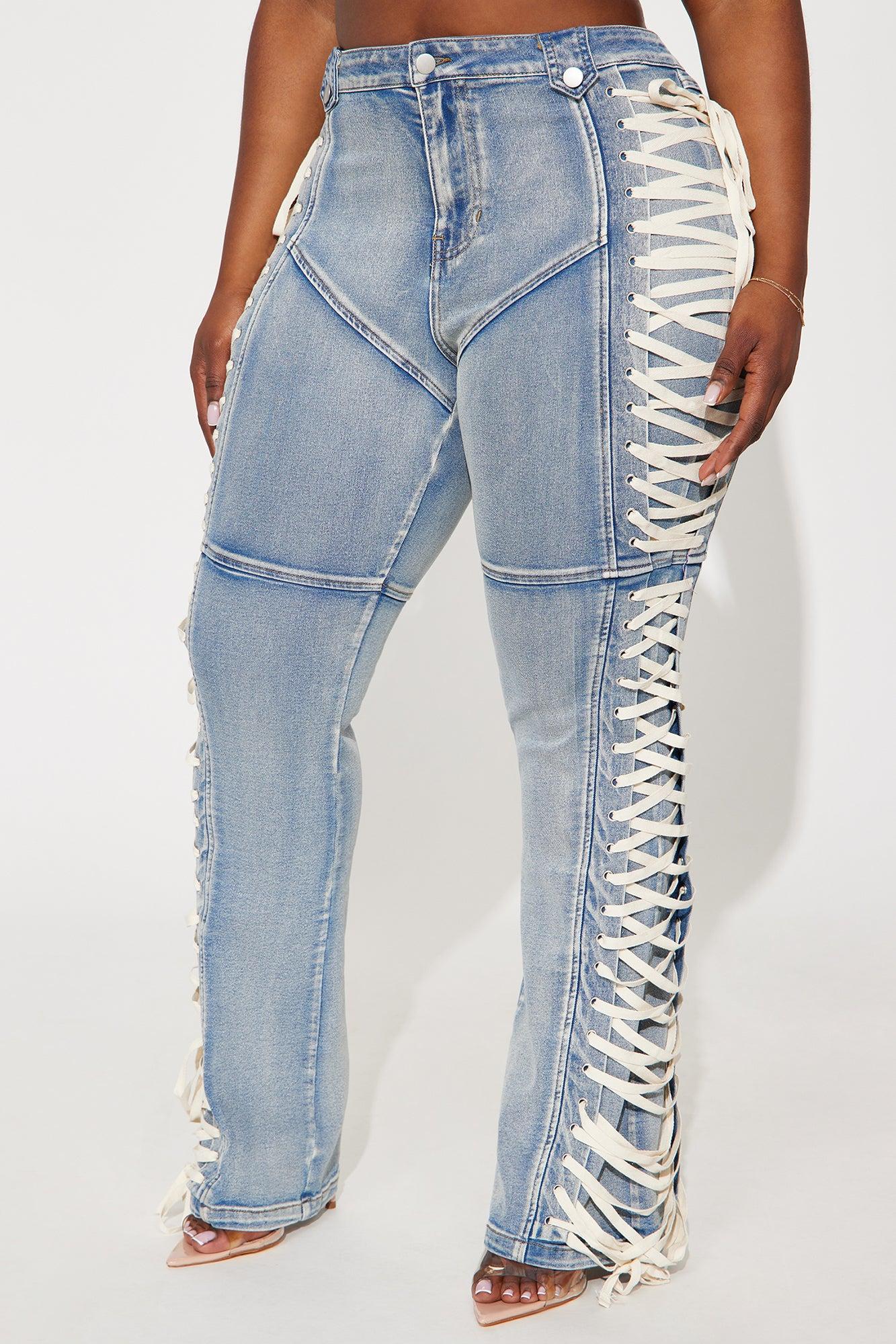 Jaw Dropper Stretch Lace Up Bootcut Jeans - Medium Wash Product Image