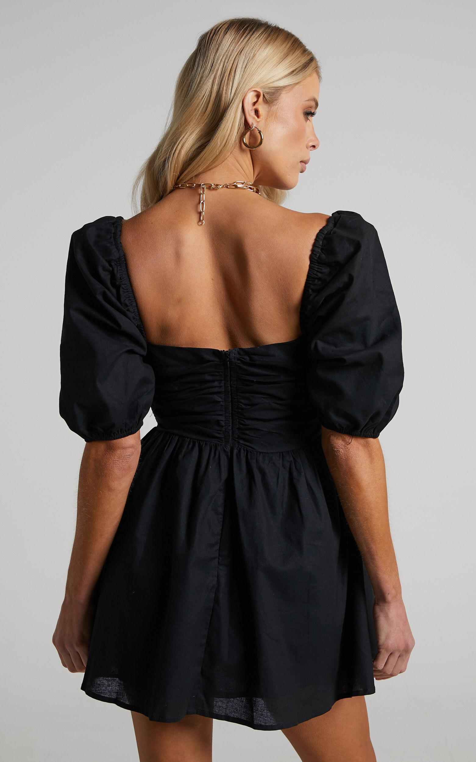 Claudina Mini Dress - Linen Look Puff Sleeve Ruched Bodice Dress in Black Product Image
