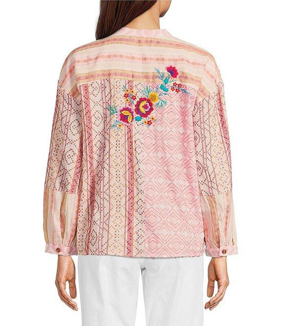 Tru Luxe Jeans Mixed Jacquard Embroidered Split V-Neck Long Sleeve Popover Top Product Image