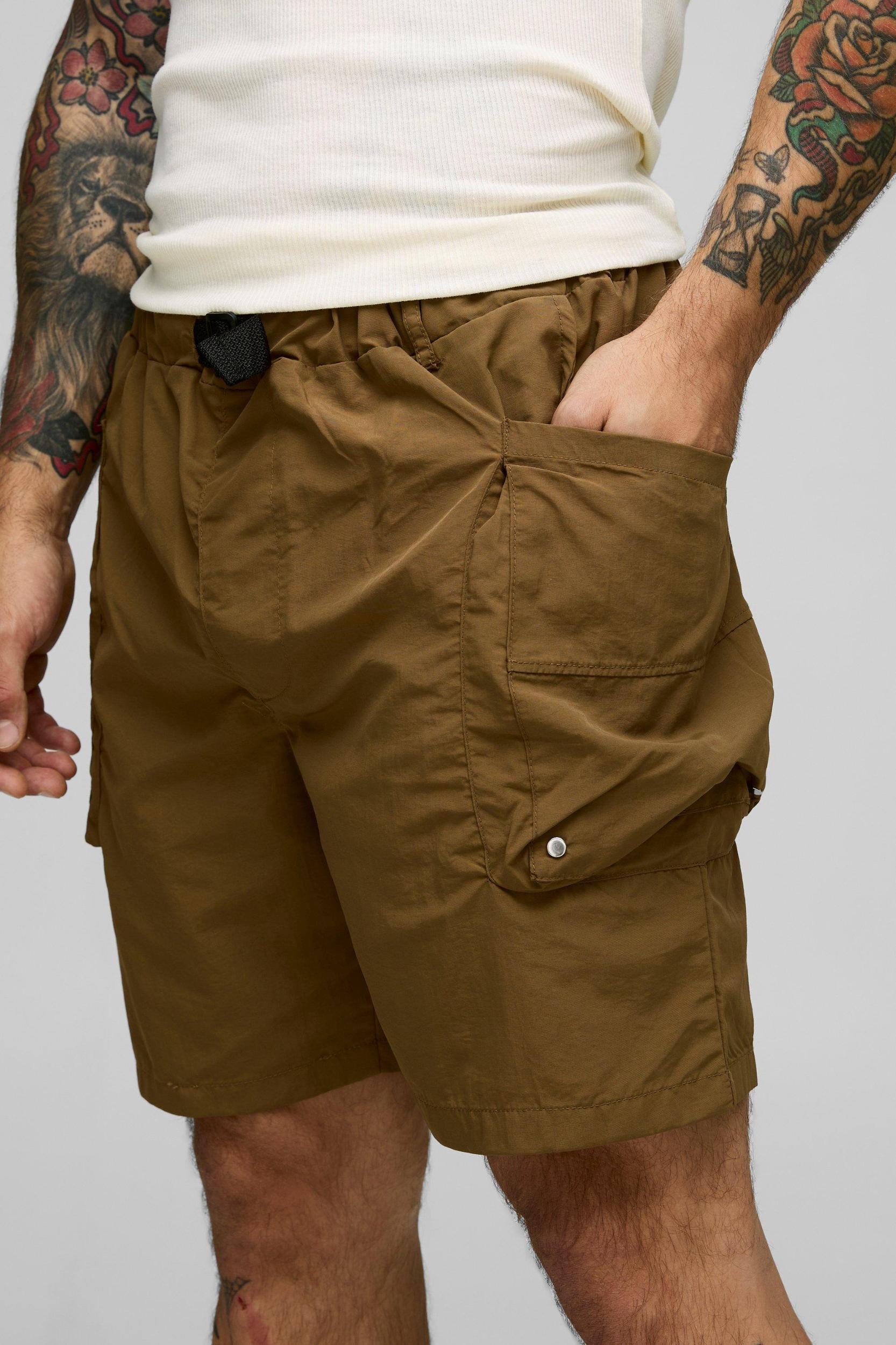 Elasticated Waist Relaxed Crinkle Nylon Cargo Shorts | boohooMAN USA Product Image