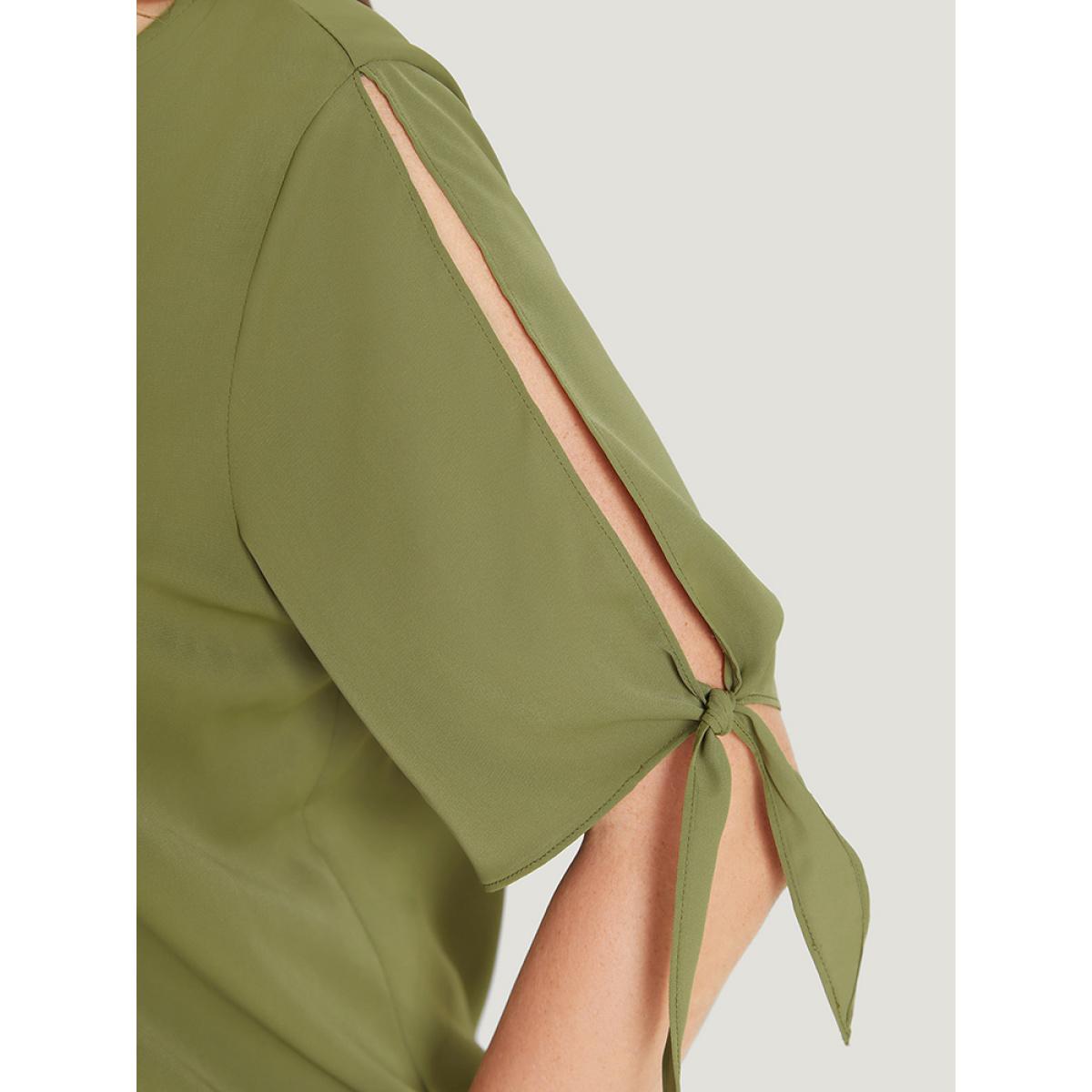 Plus Size ArmyGreen Plain Wrap Cut Out Knot Sleeve Blouse Women Office Short sleeve V-neck Dailywear Blouses BloomChic 30/6X Product Image