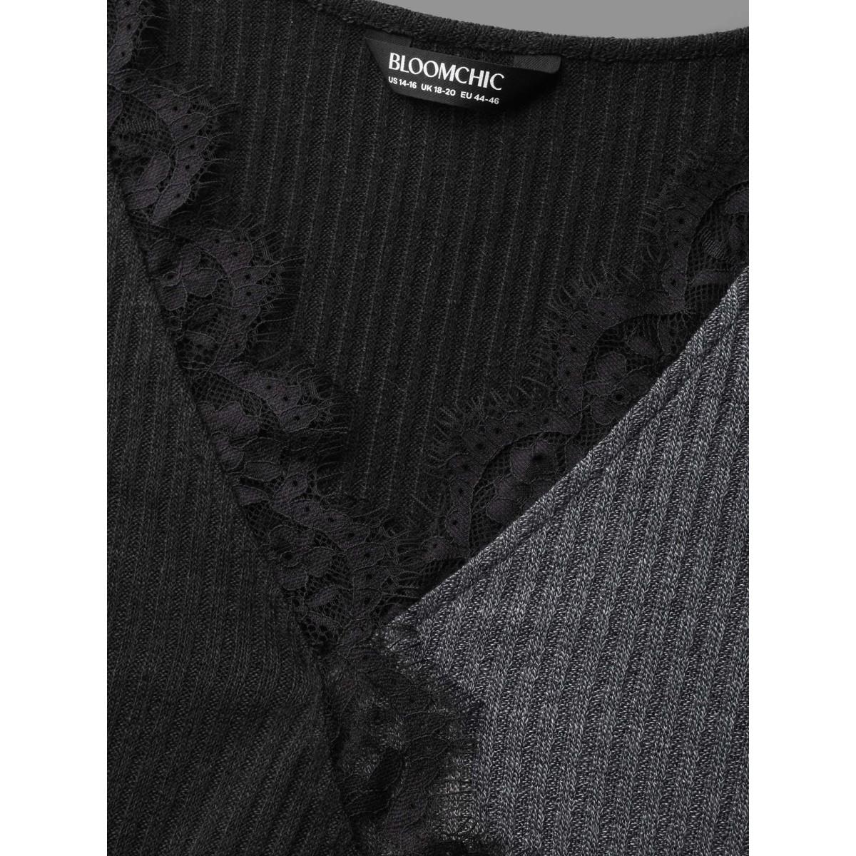 Plus Size Overlap Collar Lace Trim Stitch T-Shirt Black Women Timeless Overlapping V-neck Bodycon Elegant T-shirts BloomChic 18-20/2X Product Image