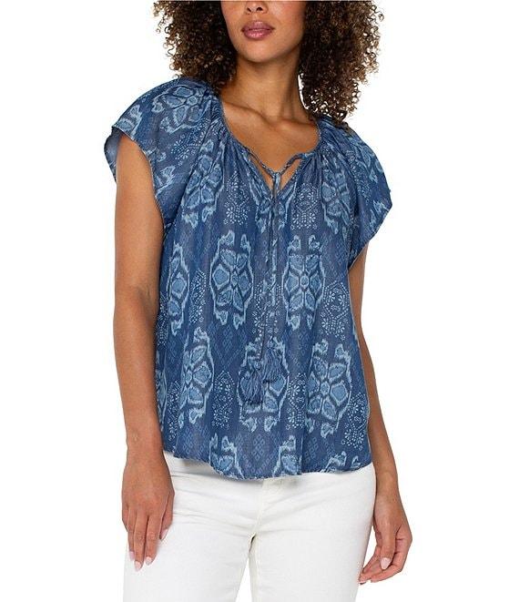 Liverpool Los Angeles Woven Printed Split V-Neck Cap Sleeve Tie-Front Top Product Image