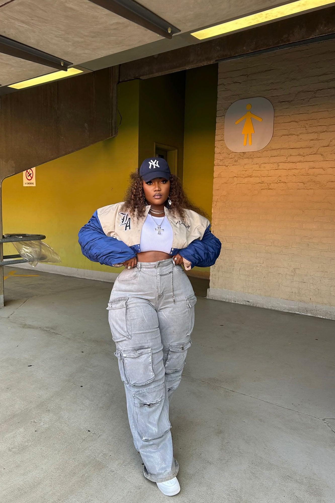 Time To Shine Foil Baggy Cargo Jeans - Silver Product Image