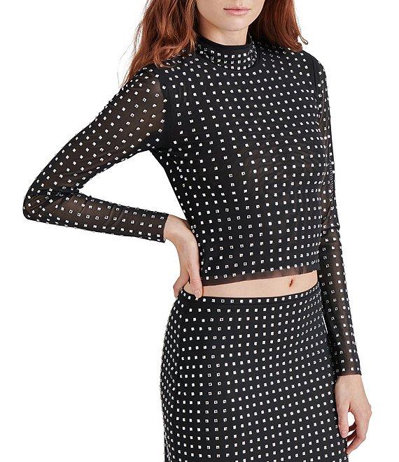 Steve Madden Melvina Mesh Embellished Rhinestone Mock Neck Long Sleeve Top Product Image