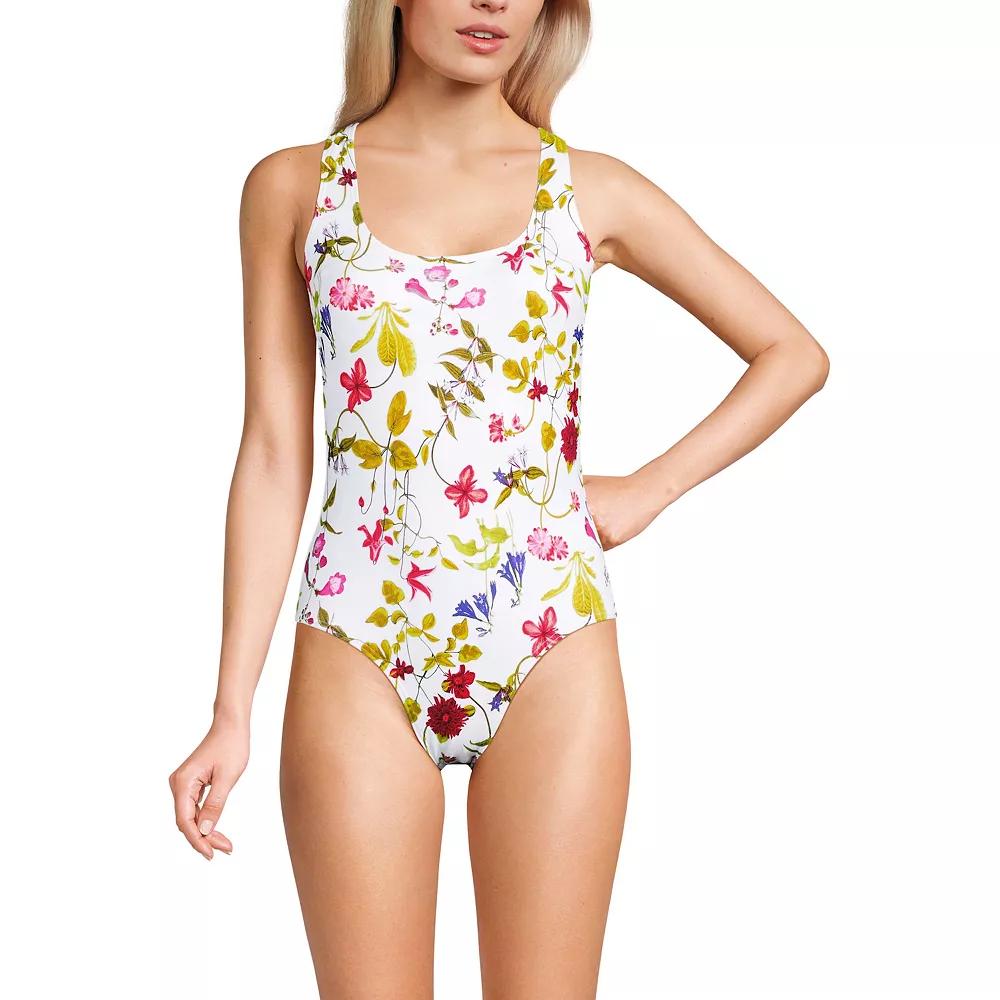 Women's Lands' End Chlorine Resistant Scoop Neck Sporty One-Piece Swimsuit, Size: 8, White Garden Floral Product Image