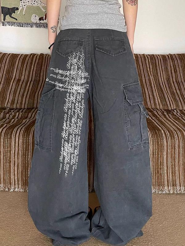 Multi-Pocket Letter Print Boyfriend Jeans Product Image