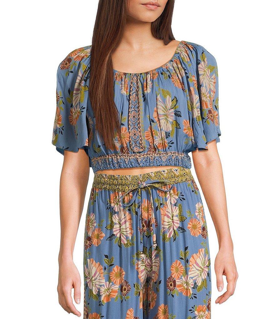 Angie Scoop Floral Print Neck Flutter Sleeve Coordinating Crop Top Product Image