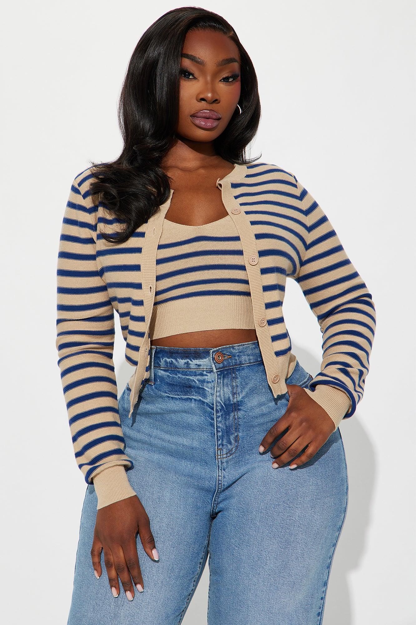 Rhode Island Striped 2 Piece Cropped Cardigan Sweater - Taupe/combo Product Image