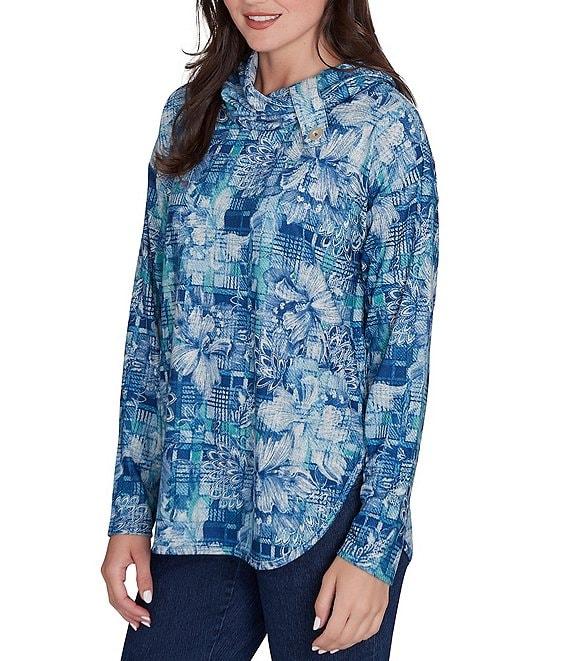 Ruby Rd. Knit Floral Plaid Cowl Neck Long Sleeve Top Product Image