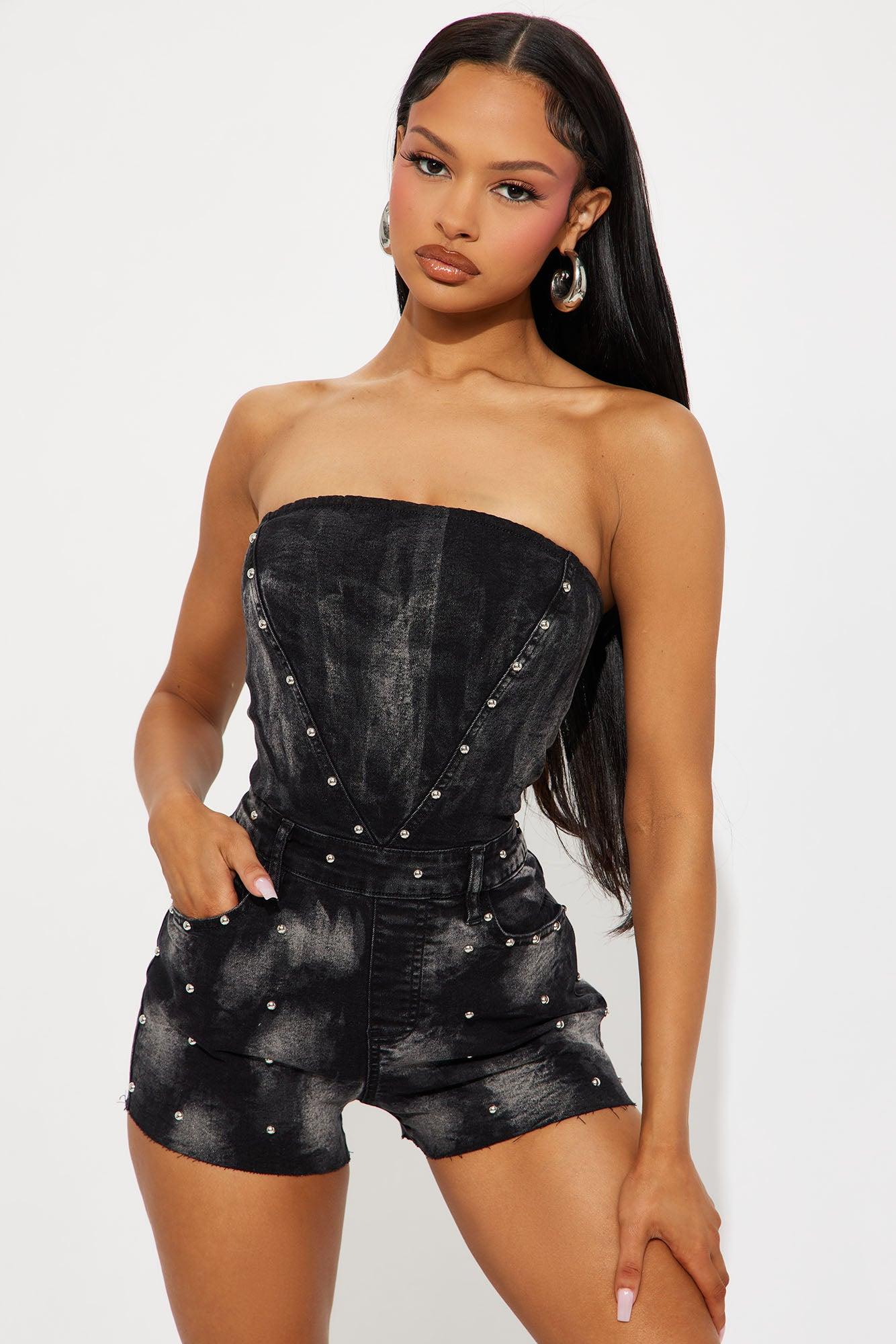 Zeya Washed Denim Studded Romper - Black Wash Product Image