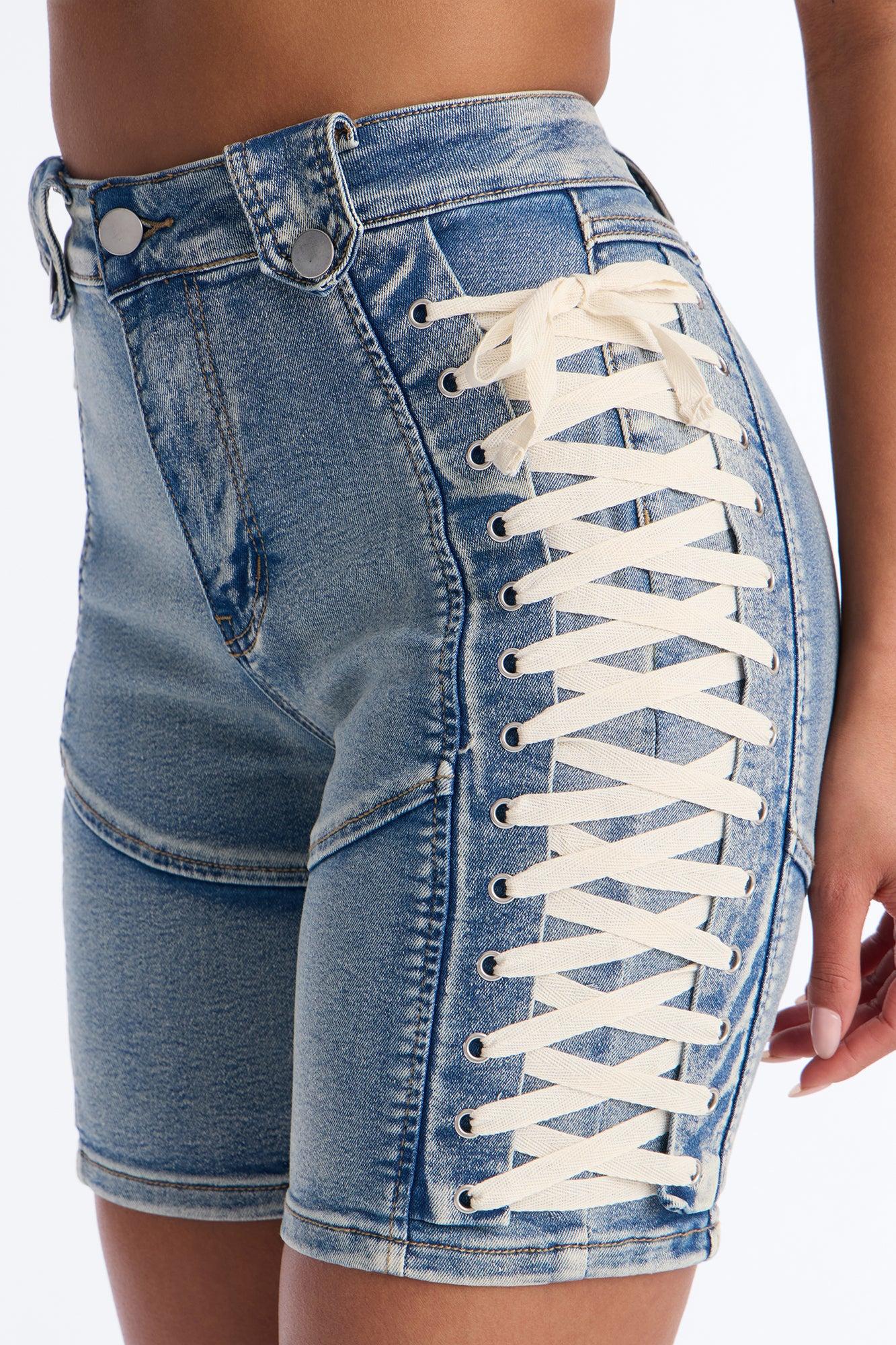 Jaw Dropper Stretch Lace Up Denim Bermuda Shorts - Medium Wash Female Product Image