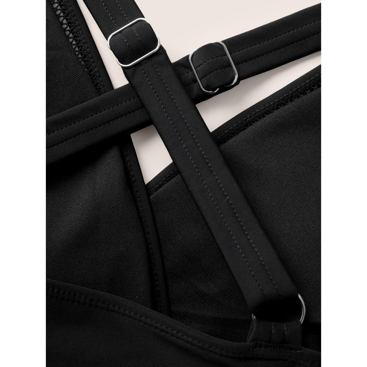 Plus Size Overlap Collar Woven Ribbon Back Crisscross Swim Top Women's Swimwear Black Beach Woven ribbon&lace trim High stretch Skinny Overlap Collar Curve Swim Tops BloomChic 14-16/1X Product Image