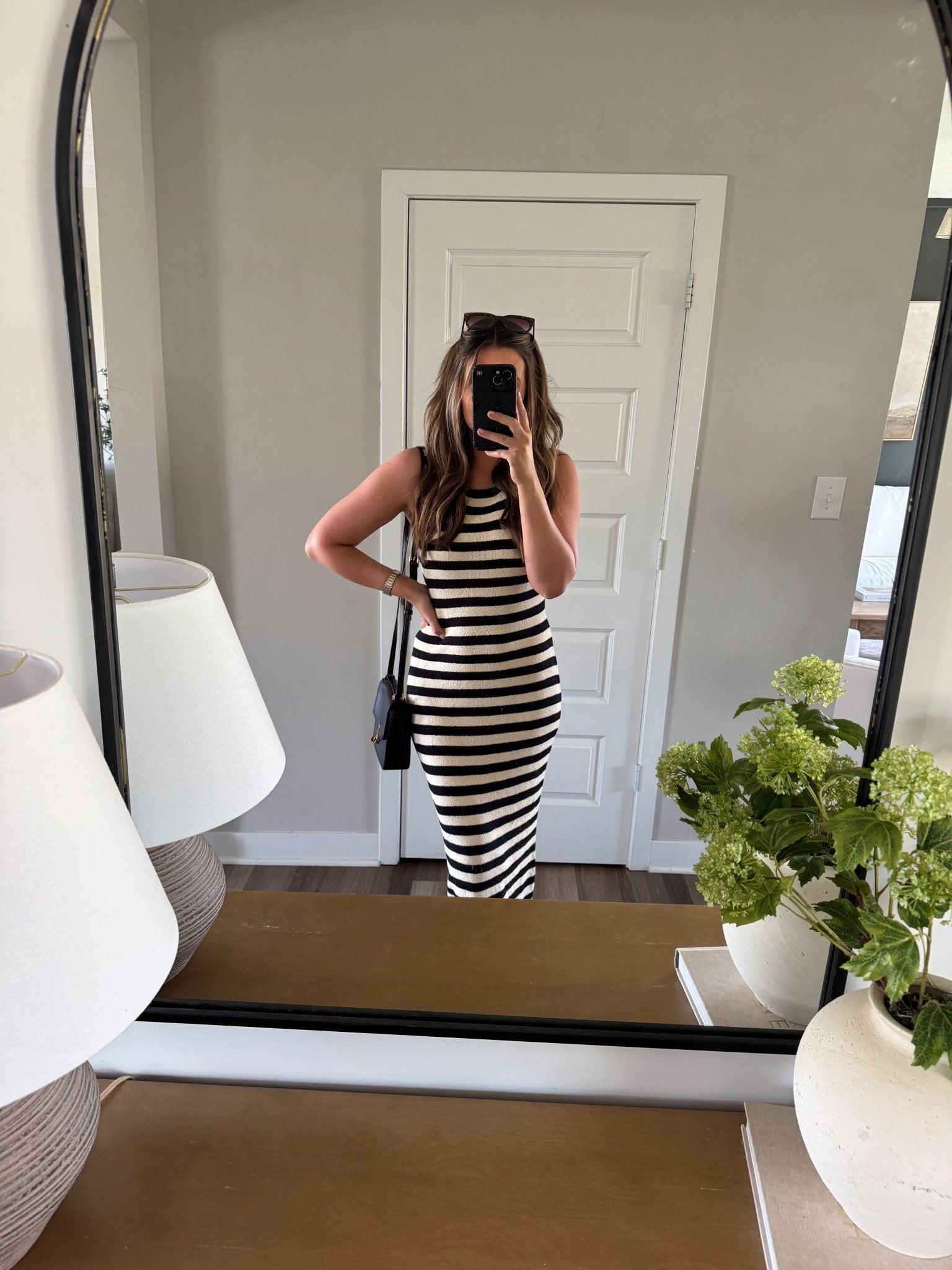 Sleeveless Black and Beige Striped Midi Dress - FINAL SALE Product Image
