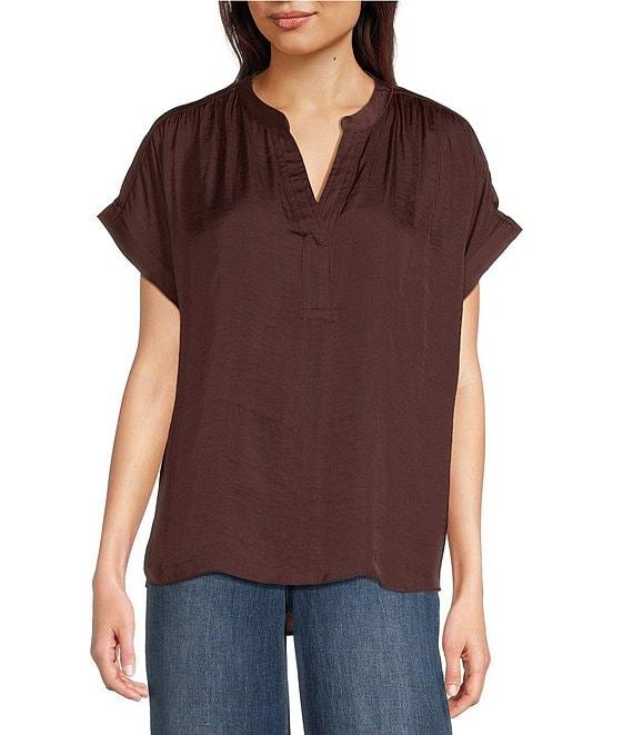 Gibson & Latimer Moonshadow Satin Split Round Neck Dropped Short Roll Tab Sleeve Hi-Low Shirttail Blouse Product Image