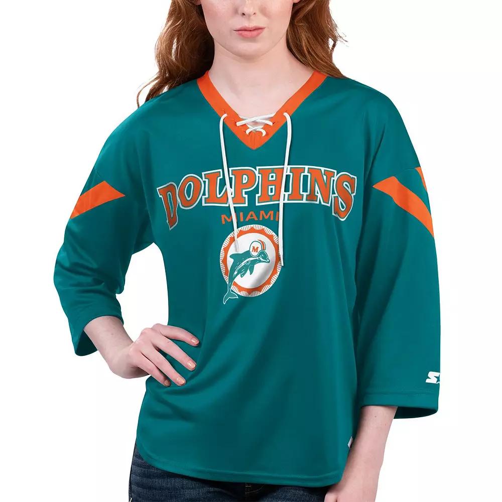 Women's Starter Aqua Miami Dolphins Rally Lace-Up 3/4 Sleeve T-Shirt,  Product Image