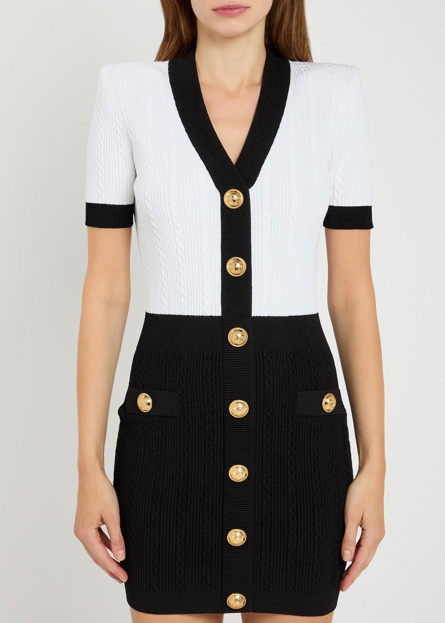 BALMAIN V-neck Buttoned Strong-shoulder Torsade Knit Mini Dress In White Product Image