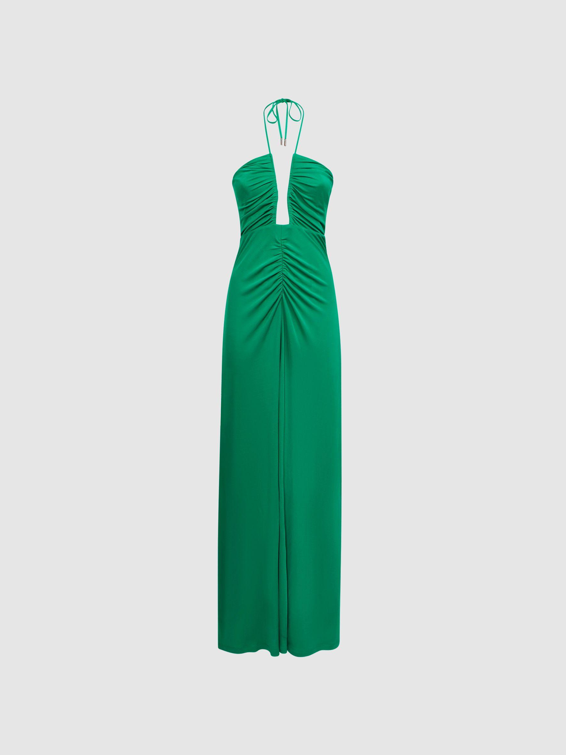 Plunge Halter Neck Maxi Dress in Green Product Image