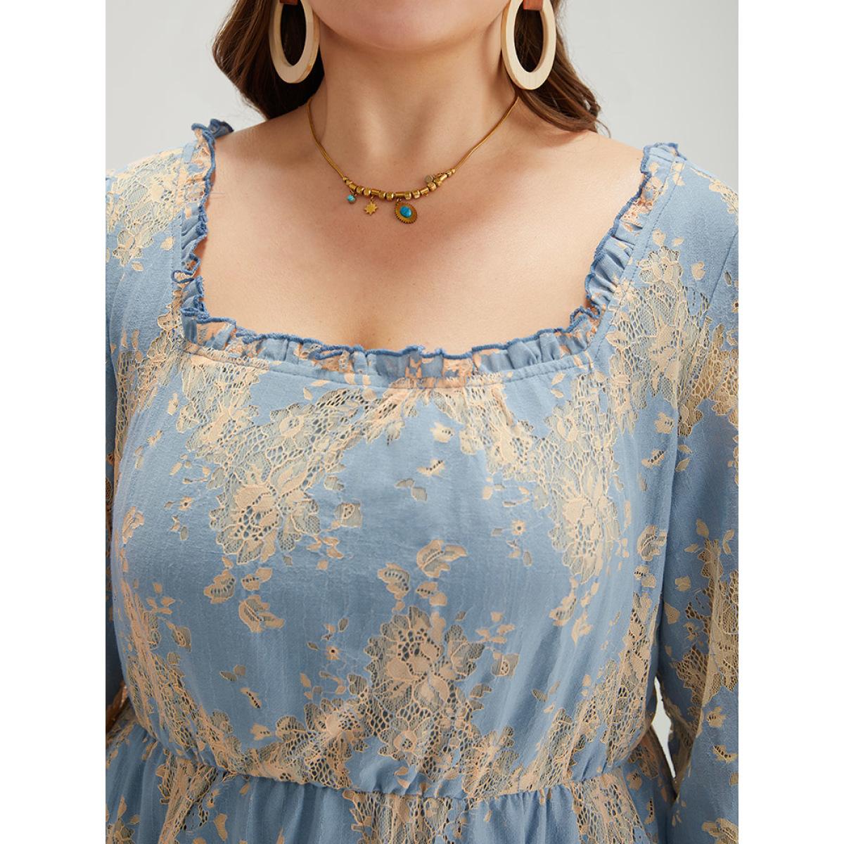 Plus Size Contrast Lace Panel Frill Trim Lantern Sleeve Dress Aegean Women Vacation Elastic cuffs Square Neck Long Sleeve Curvy Midi Dress BloomChic 12/L Product Image