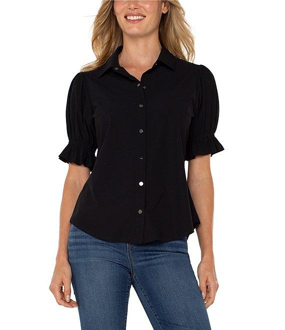 Liverpool Los Angeles Tech Knit Spread Collar Elbow-Length Puff Sleeve Button-Front Shirt Product Image