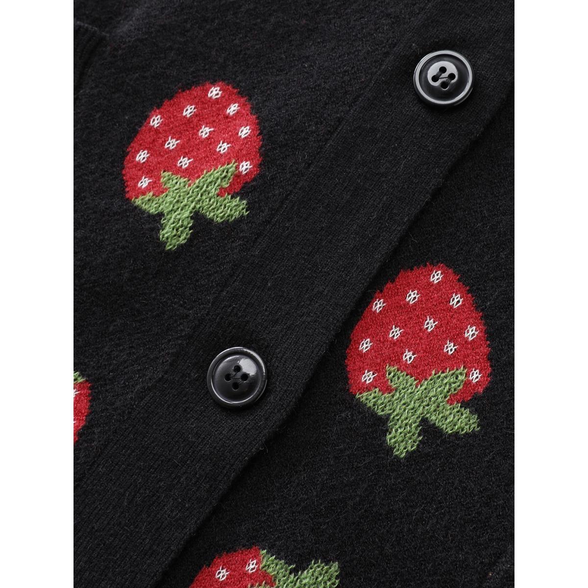 Plus Size Strawberry Jacquard Pattern Knit Cardigan Black Women Playful Loose Long Sleeve Casual Cardigans BloomChic 30/6X Product Image