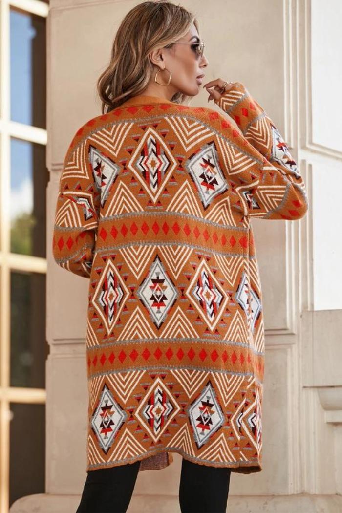 Brown Aztec Geometric Knit Open Front Cardigan Product Image